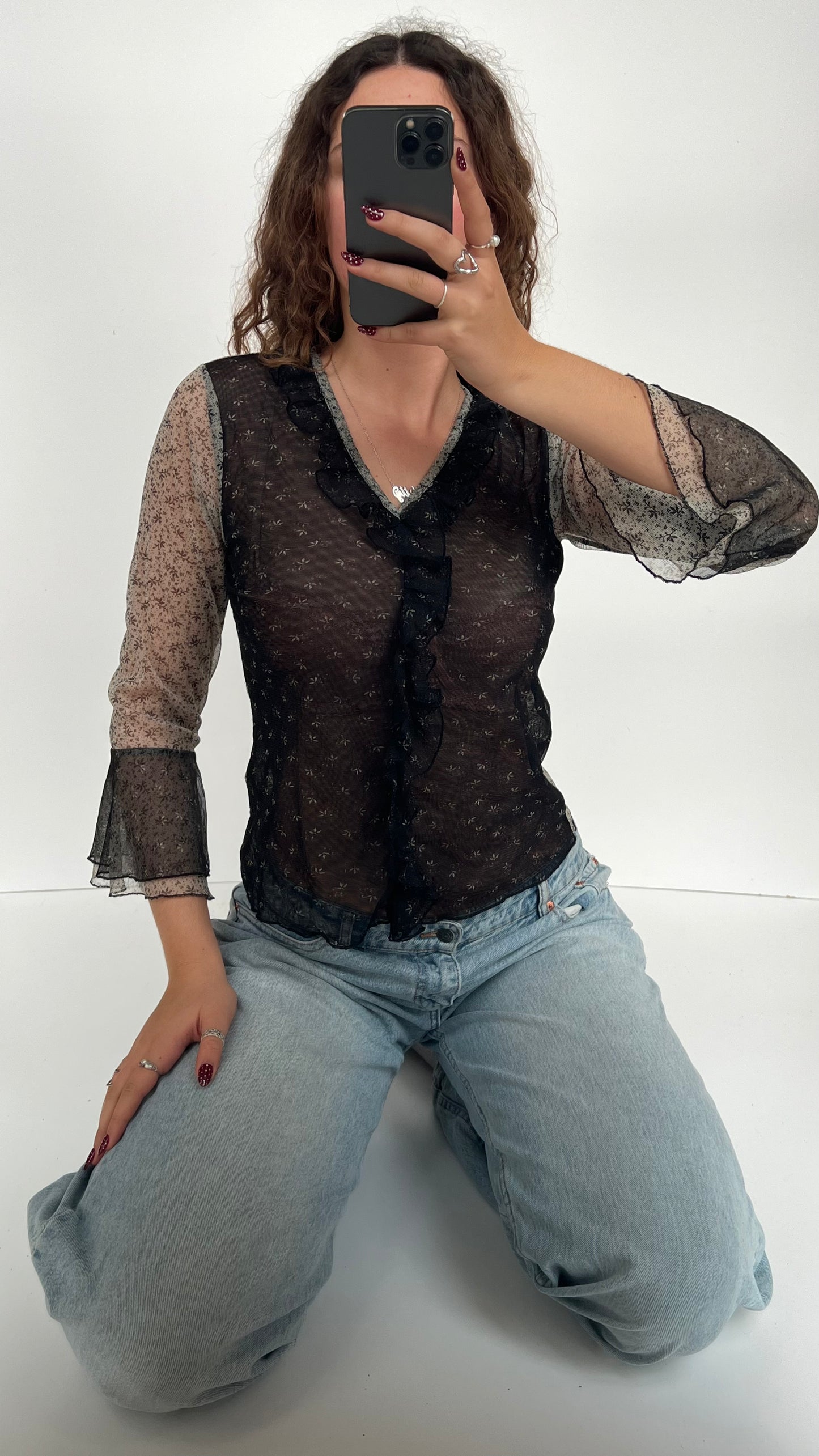 00s black mesh floral long sleeve- size M/L
