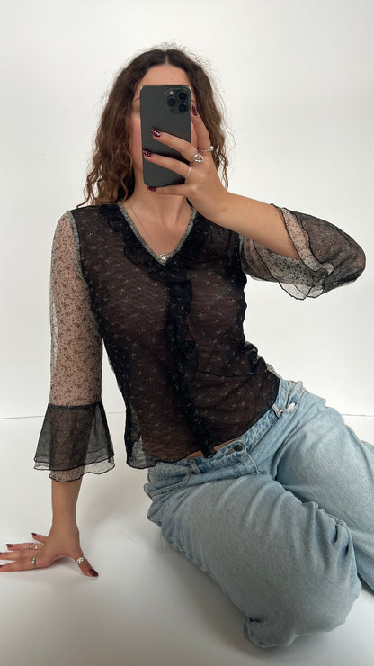 00s black mesh floral long sleeve- size M/L