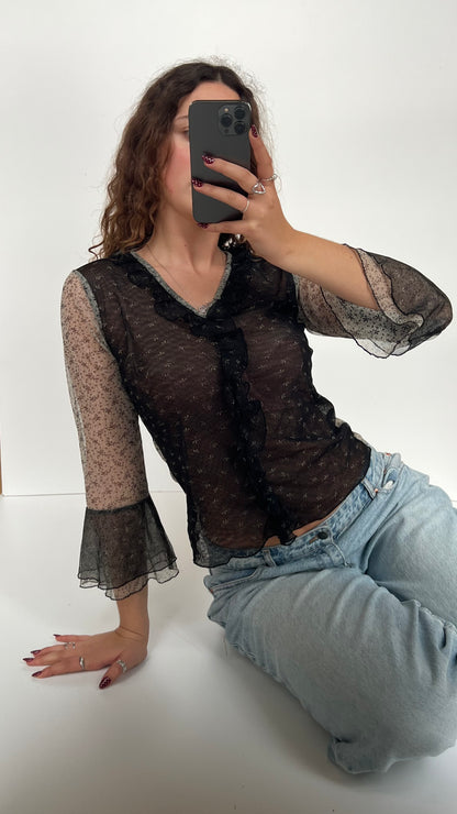00s black mesh floral long sleeve- size M/L