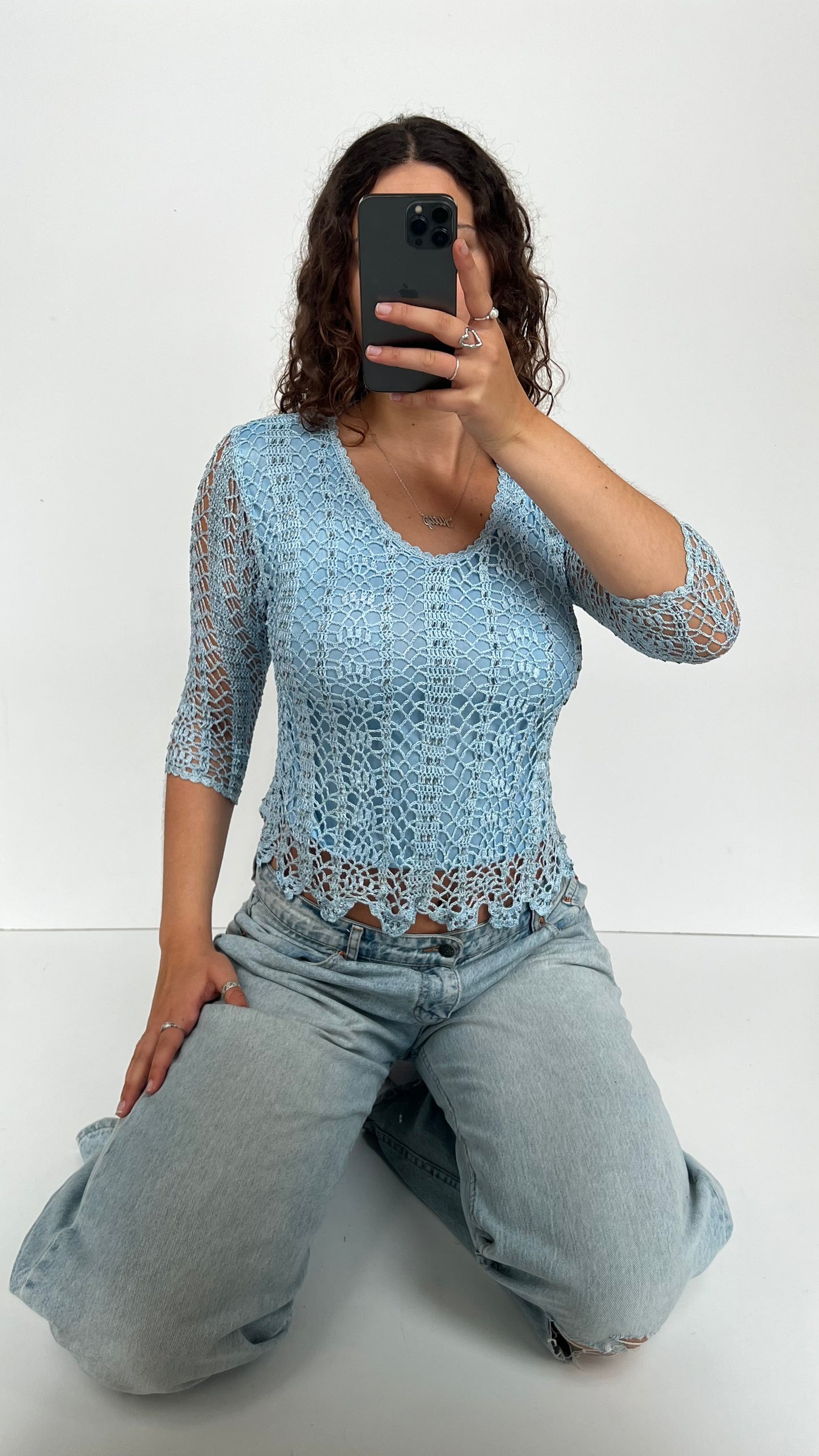00s blue crochet top- size M