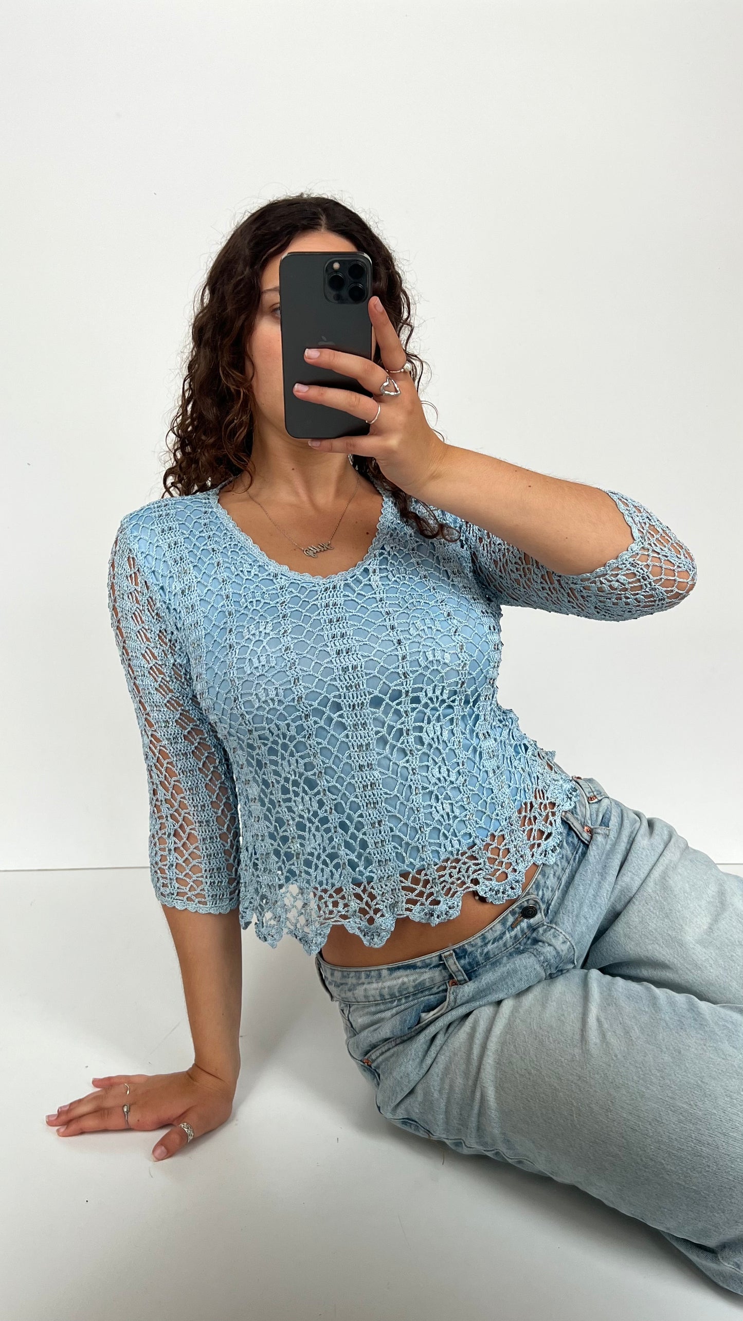 00s blue crochet top- size M
