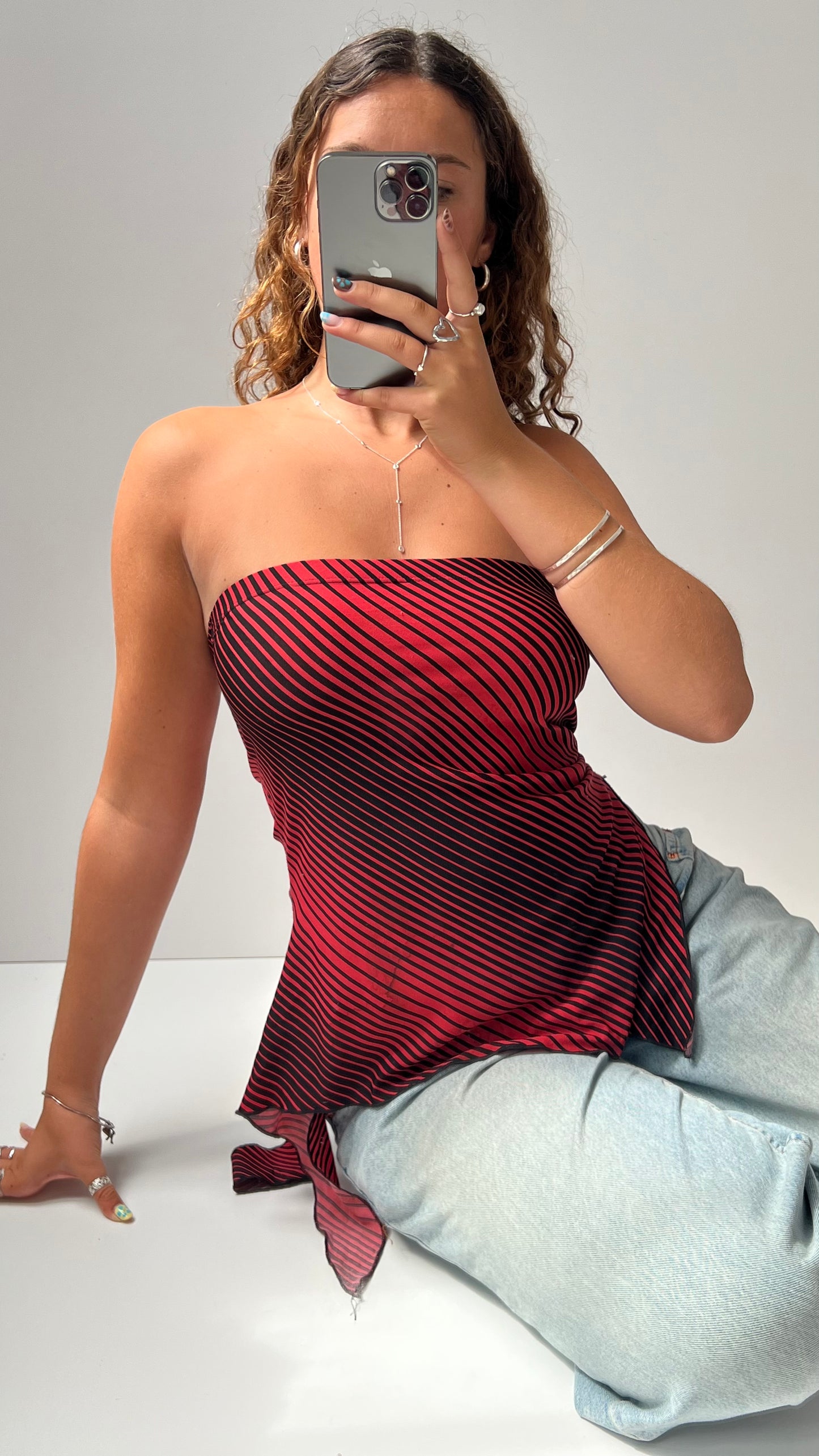 00s red pinstripe asymmetric cami- size M