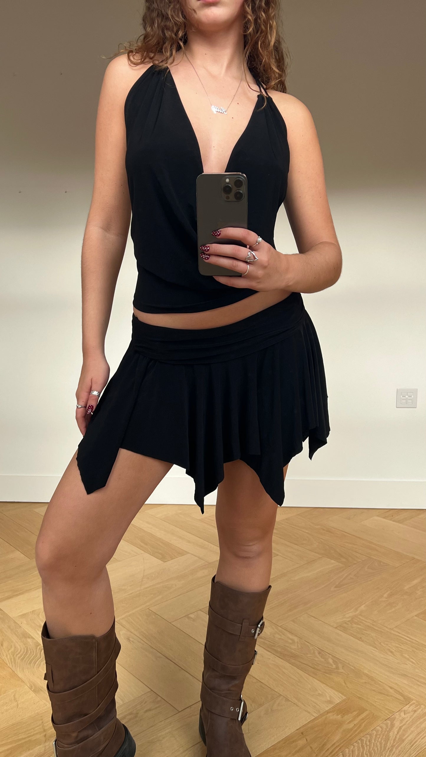00s black asymmetric mini skirt- size S