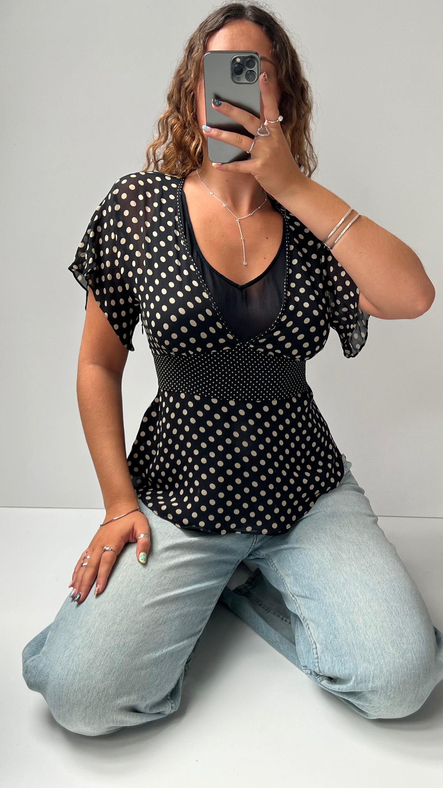 00s black polka dot babydoll top- size M/L