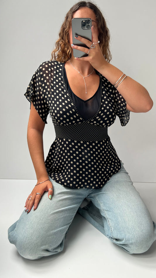 00s black polka dot babydoll top- size M/L