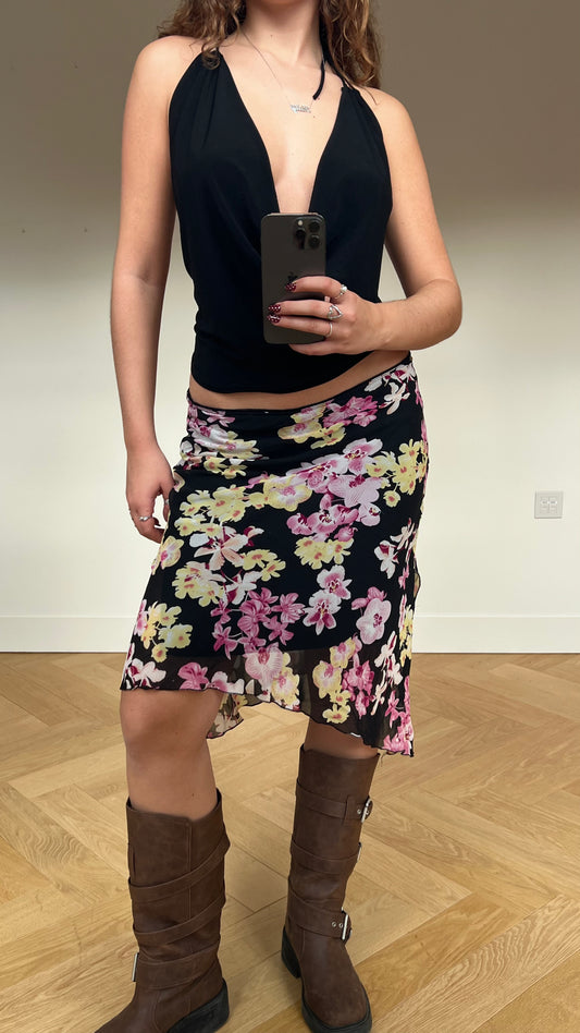 00s black pink floral midi skirt- size S