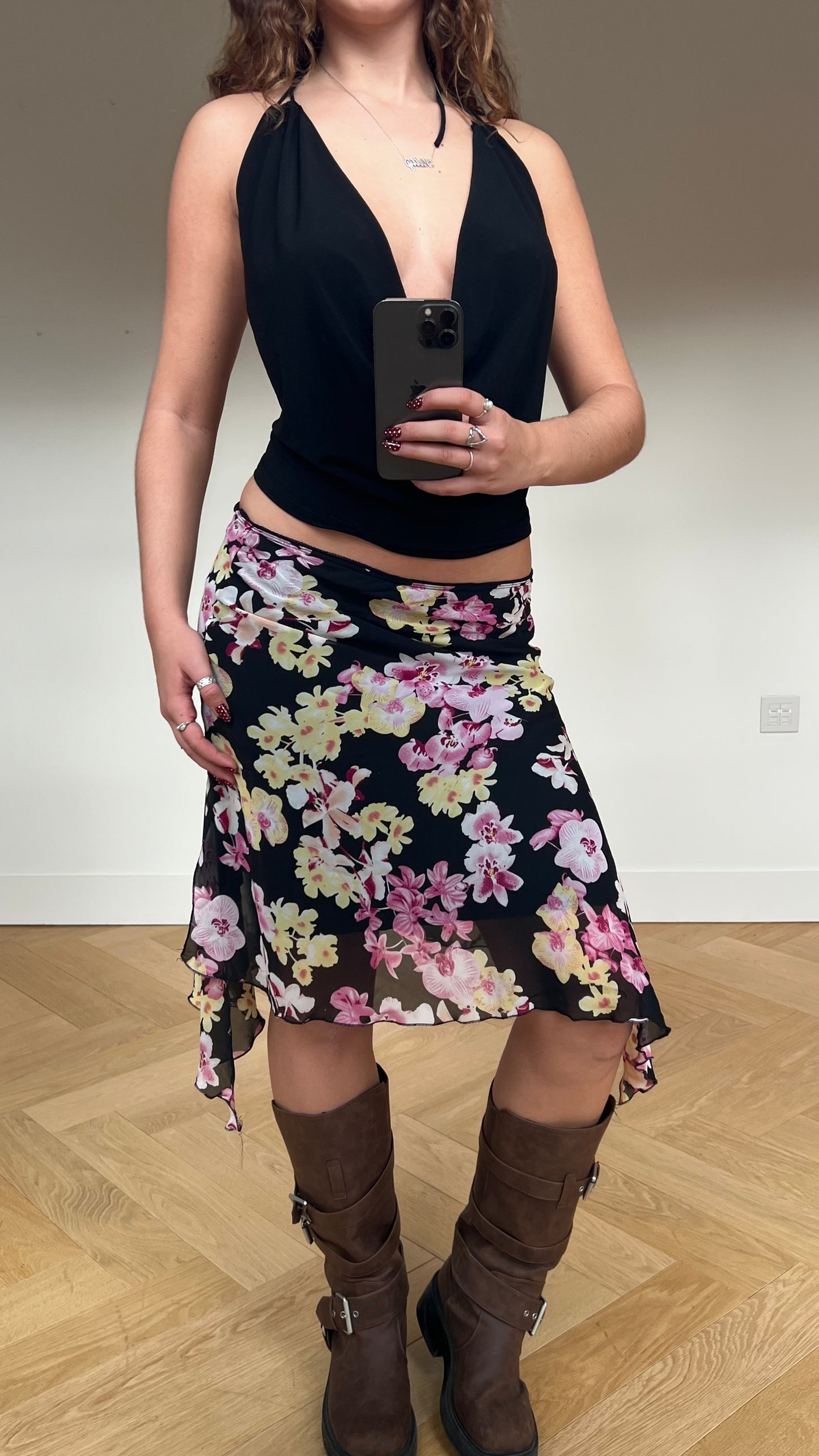 00s black pink floral midi skirt- size S