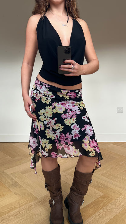 00s black pink floral midi skirt- size S