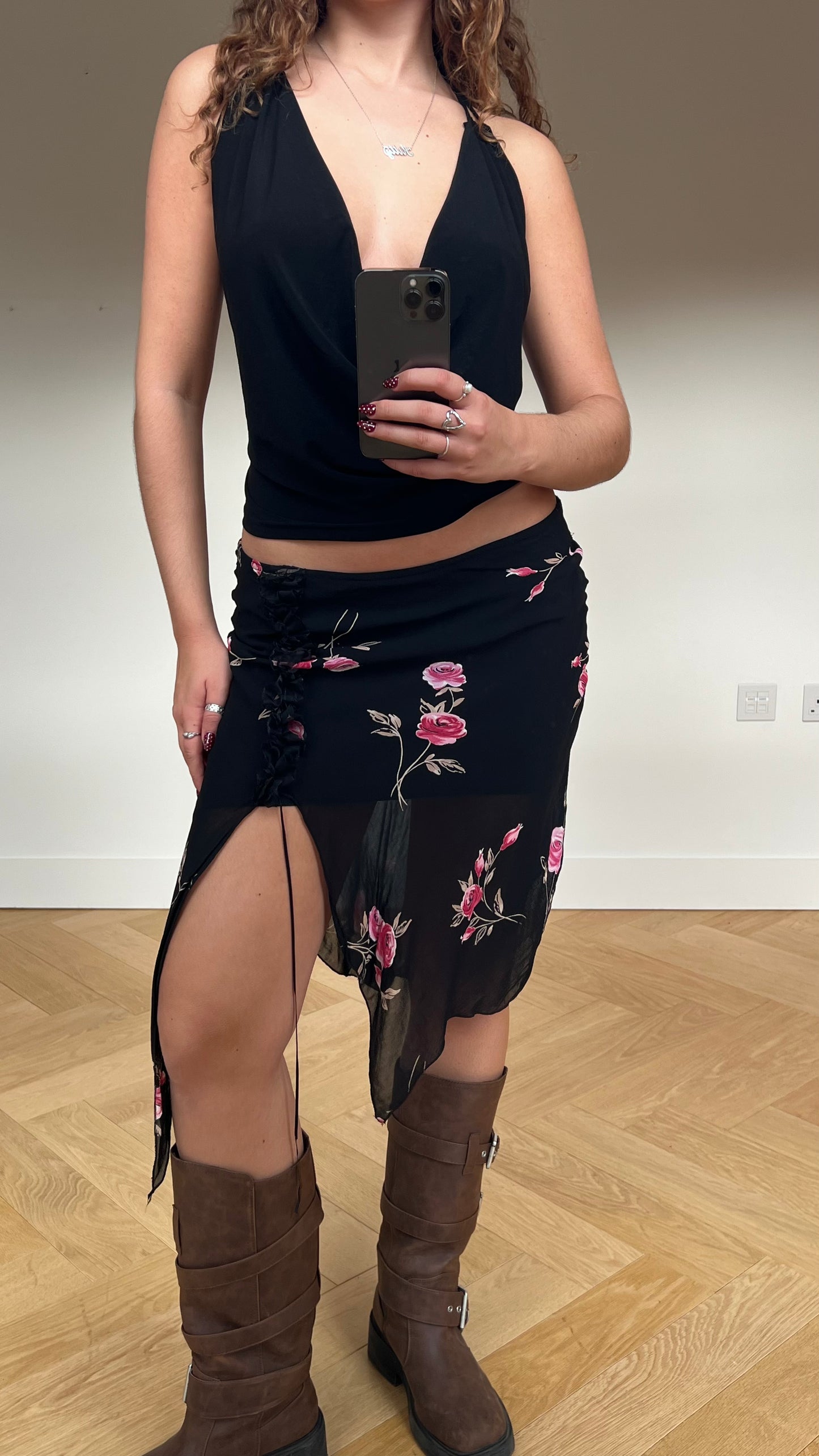 00s black mesh floral midi skirt- size S