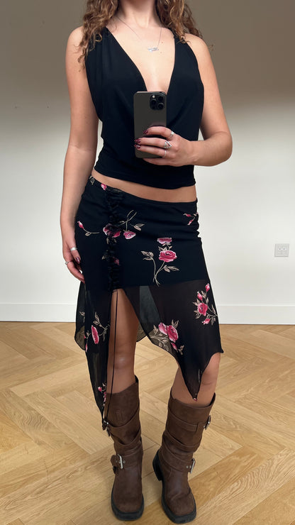 00s black mesh floral midi skirt- size S