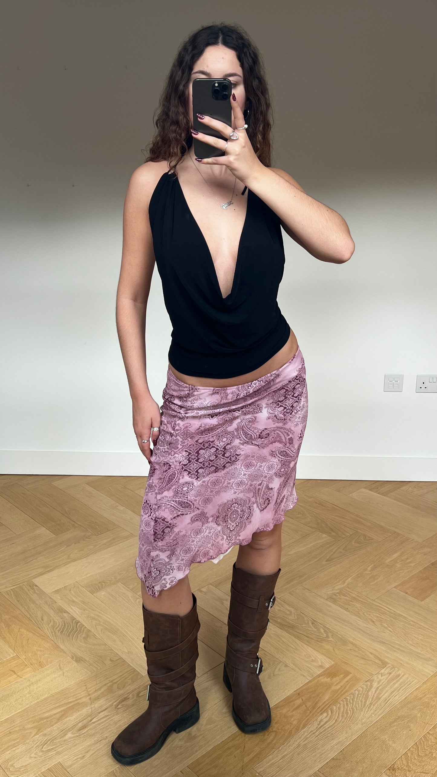 00s pink paisley mesh midi skirt- size S