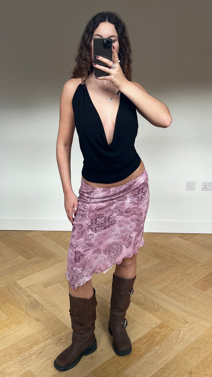 00s pink paisley mesh midi skirt- size S