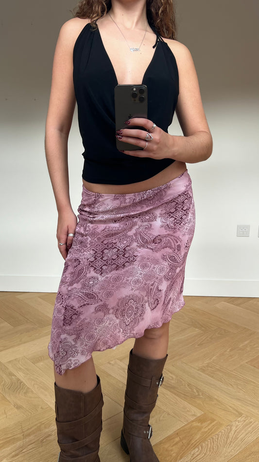 00s pink paisley mesh midi skirt- size S