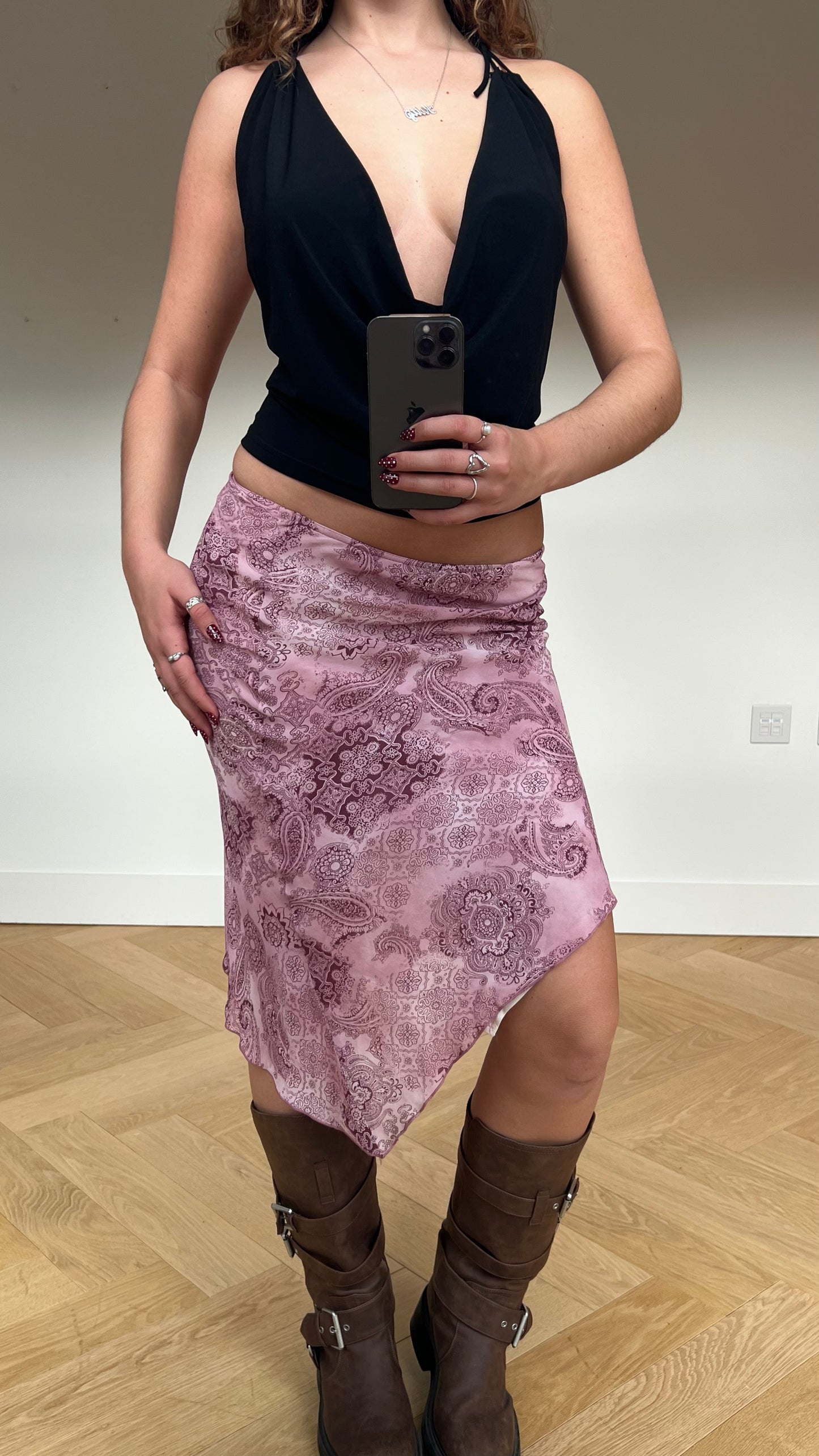 00s pink paisley mesh midi skirt- size S