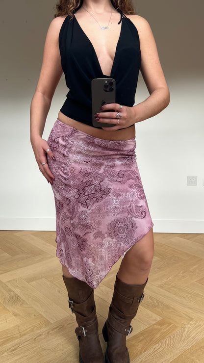 00s pink paisley mesh midi skirt- size S