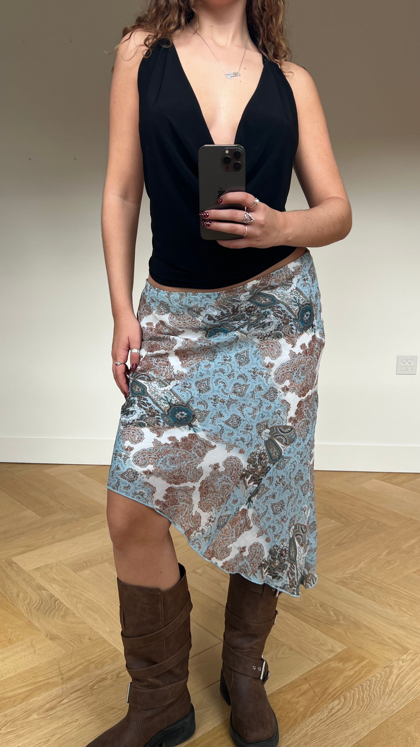 00s blue paisley mesh midi skirt- size L