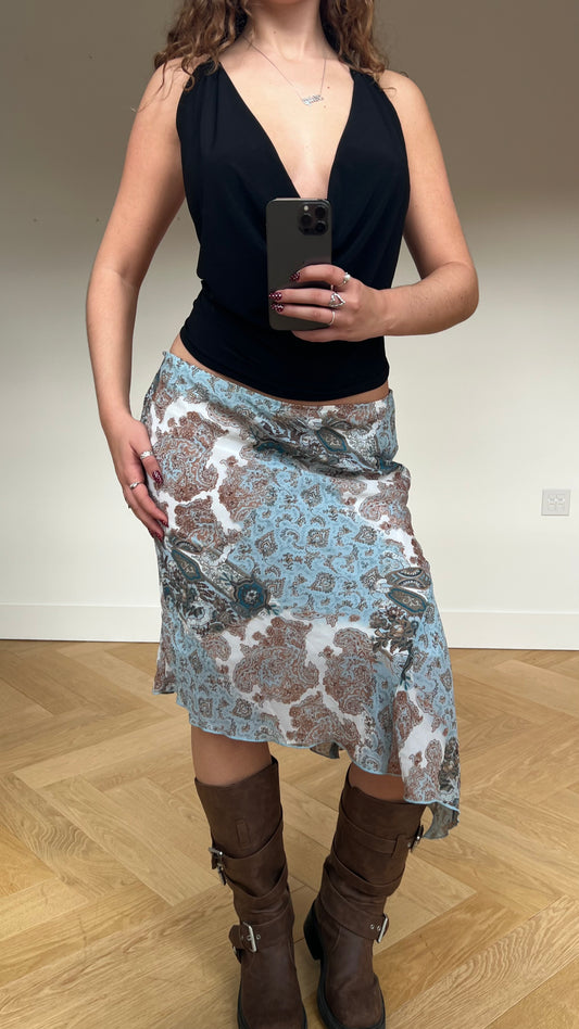 00s blue paisley mesh midi skirt- size L