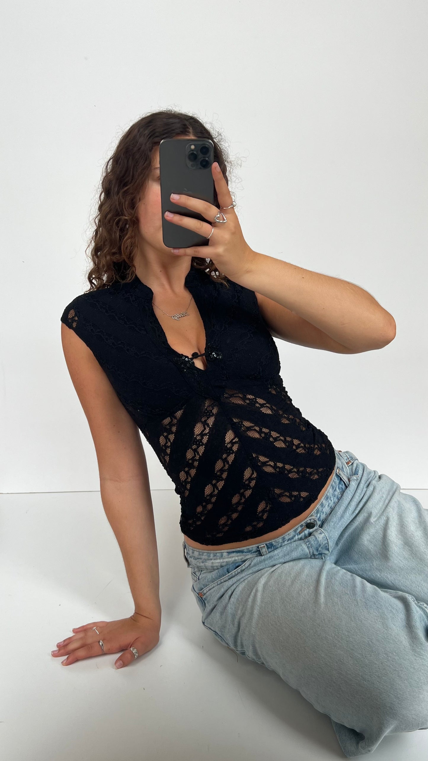00s black lace sequin top- size M