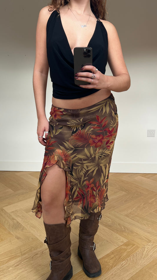 00s brown orange floral midi skirt- size S