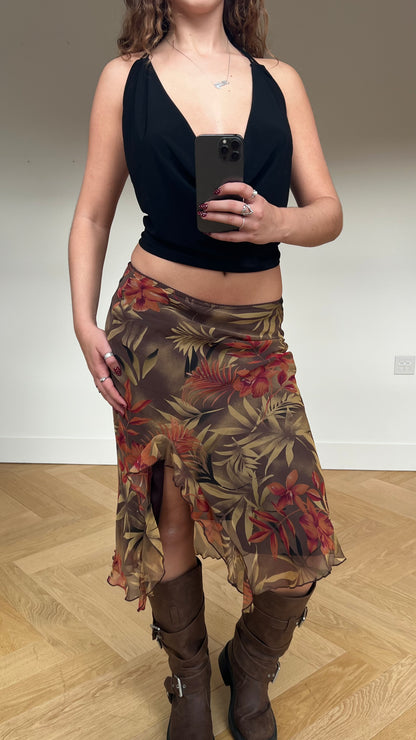 00s brown orange floral midi skirt- size S