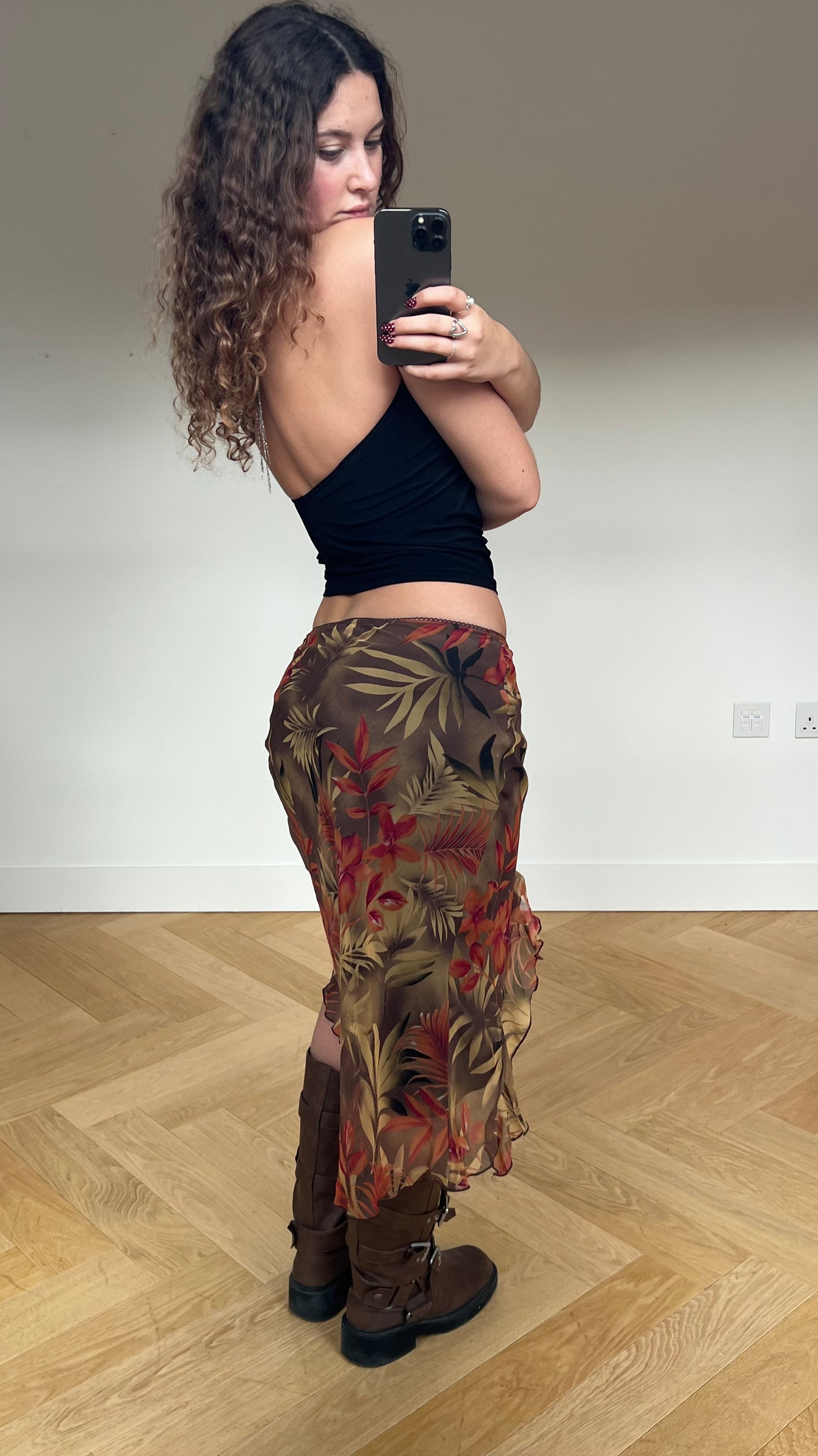 00s brown orange floral midi skirt- size S