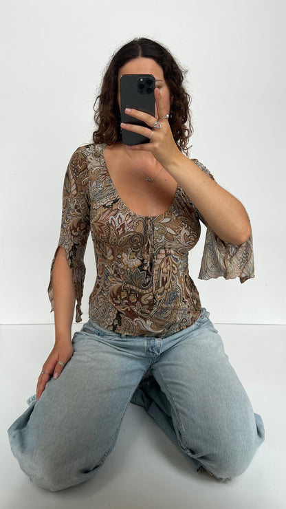 00s brown paisley mesh top- size S/M