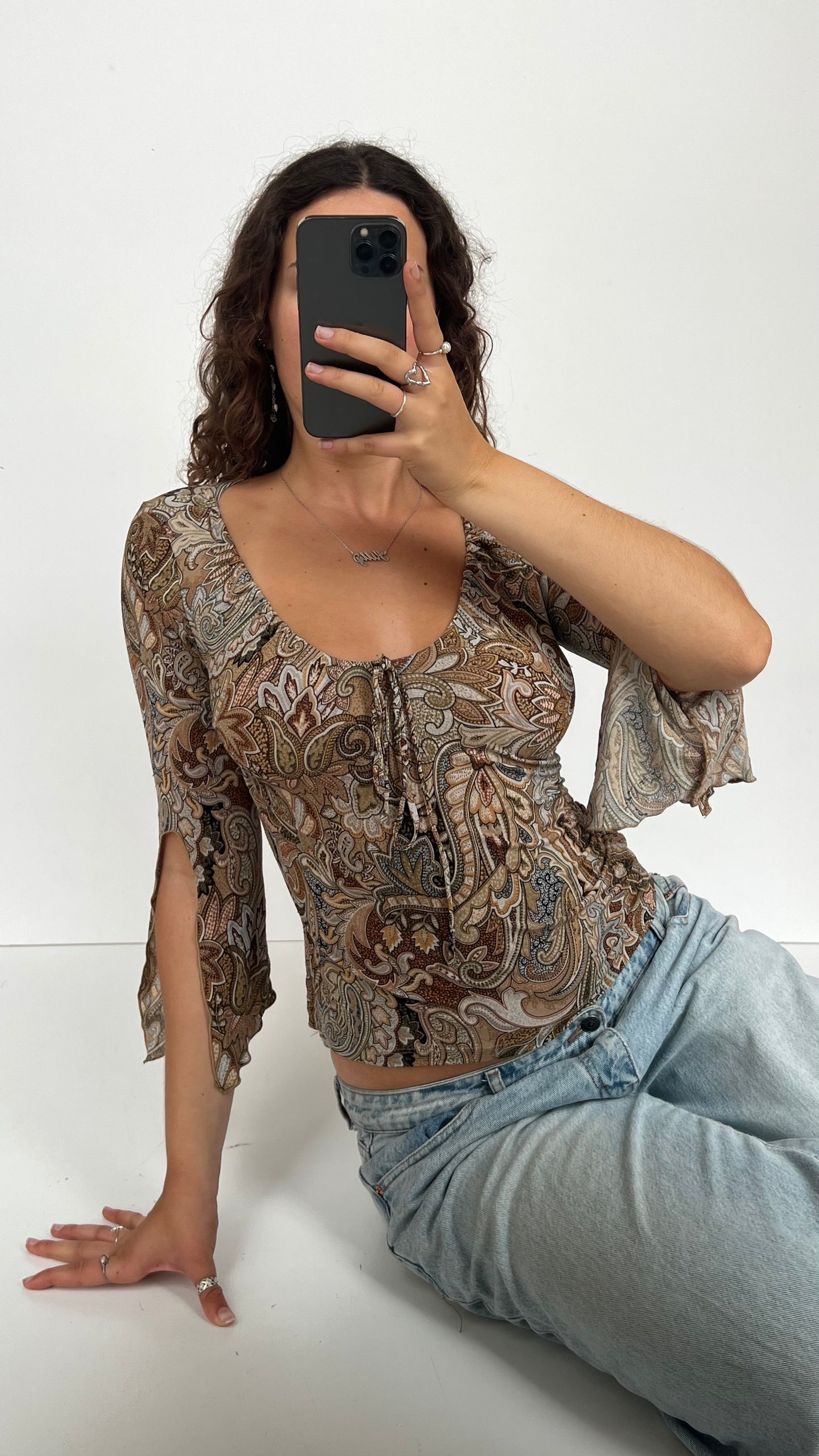 00s brown paisley mesh top- size S/M