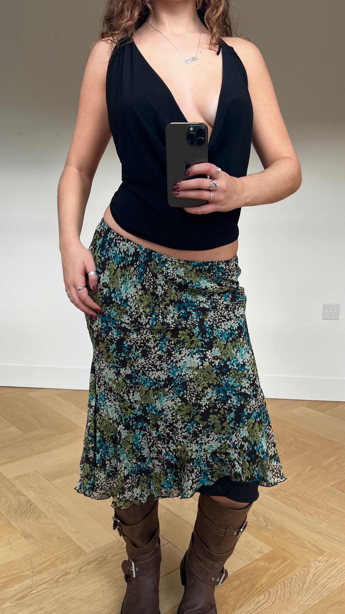 00s green brown floral midi skirt- size M