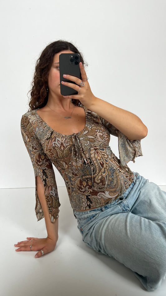 00s brown paisley mesh top- size S/M