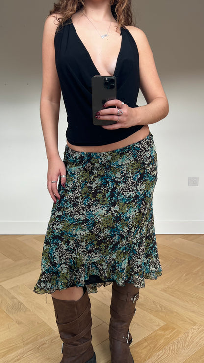 00s green brown floral midi skirt- size M