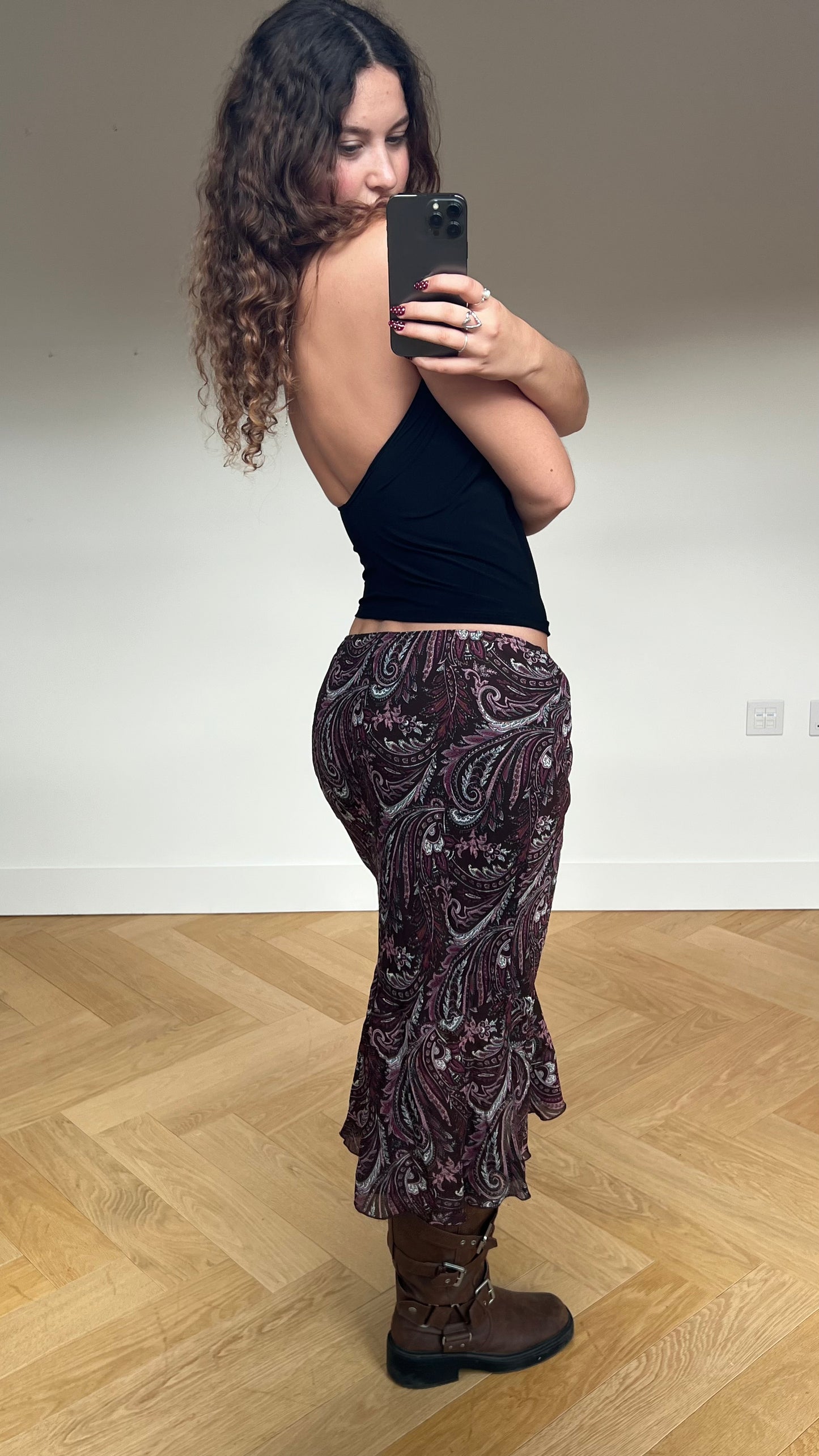 00s brown pink mesh midi skirt- size M