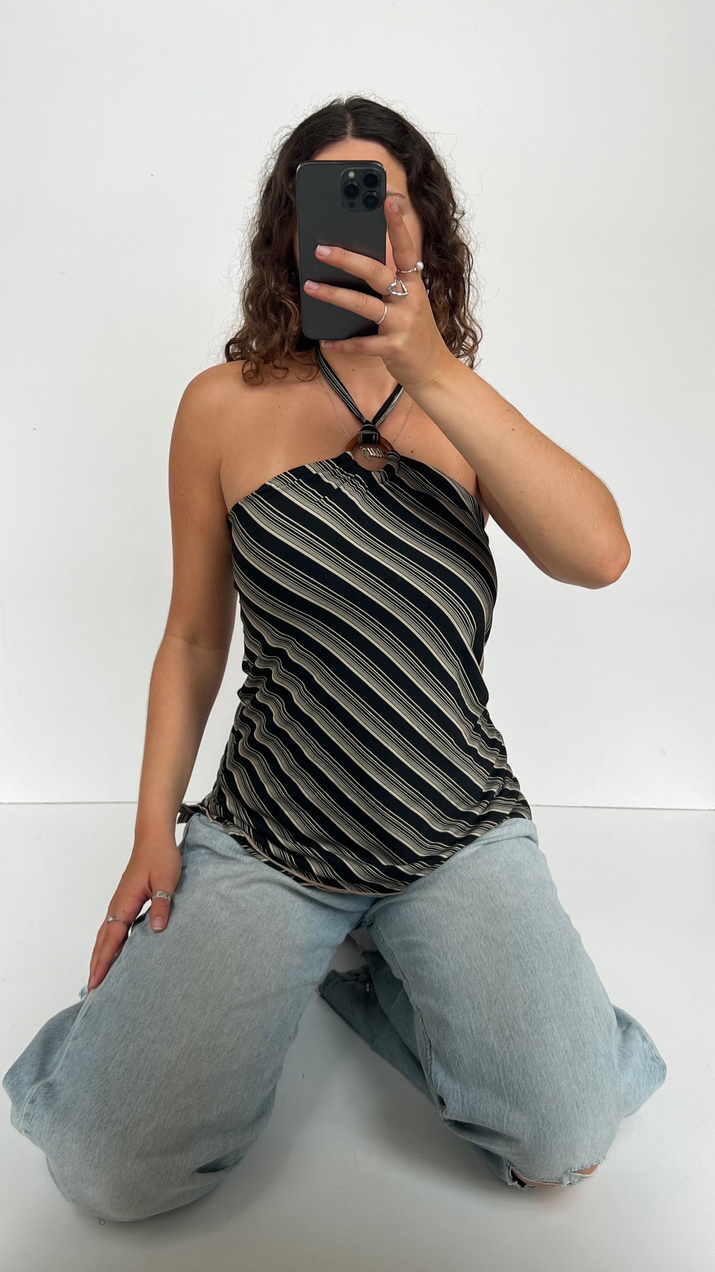 00s black white striped cami- size L