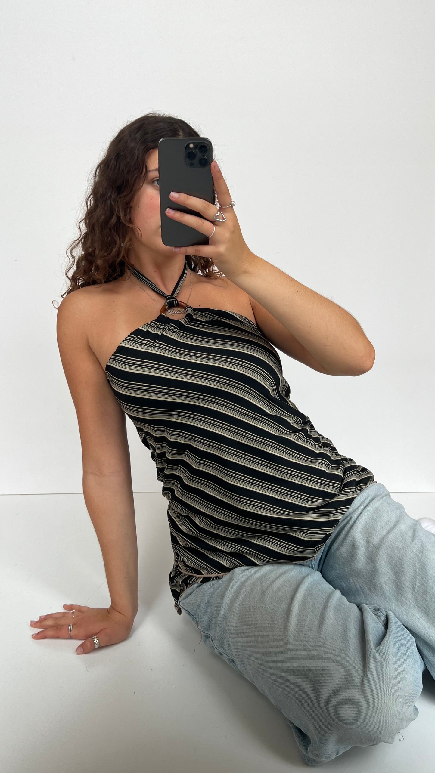 00s black white striped cami- size L