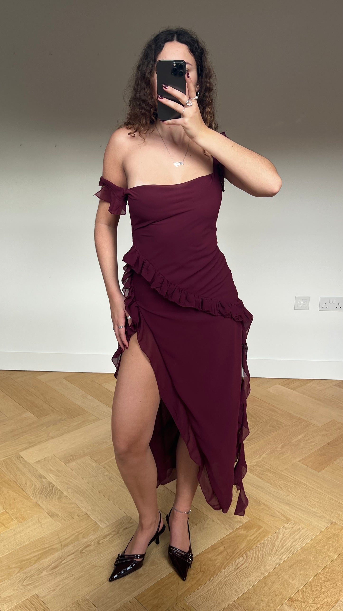 00s burgundy mesh maxi dress- size S