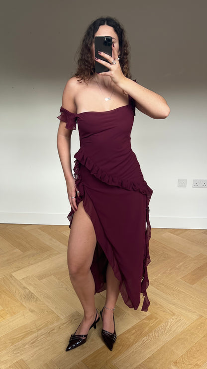 00s burgundy mesh maxi dress- size S