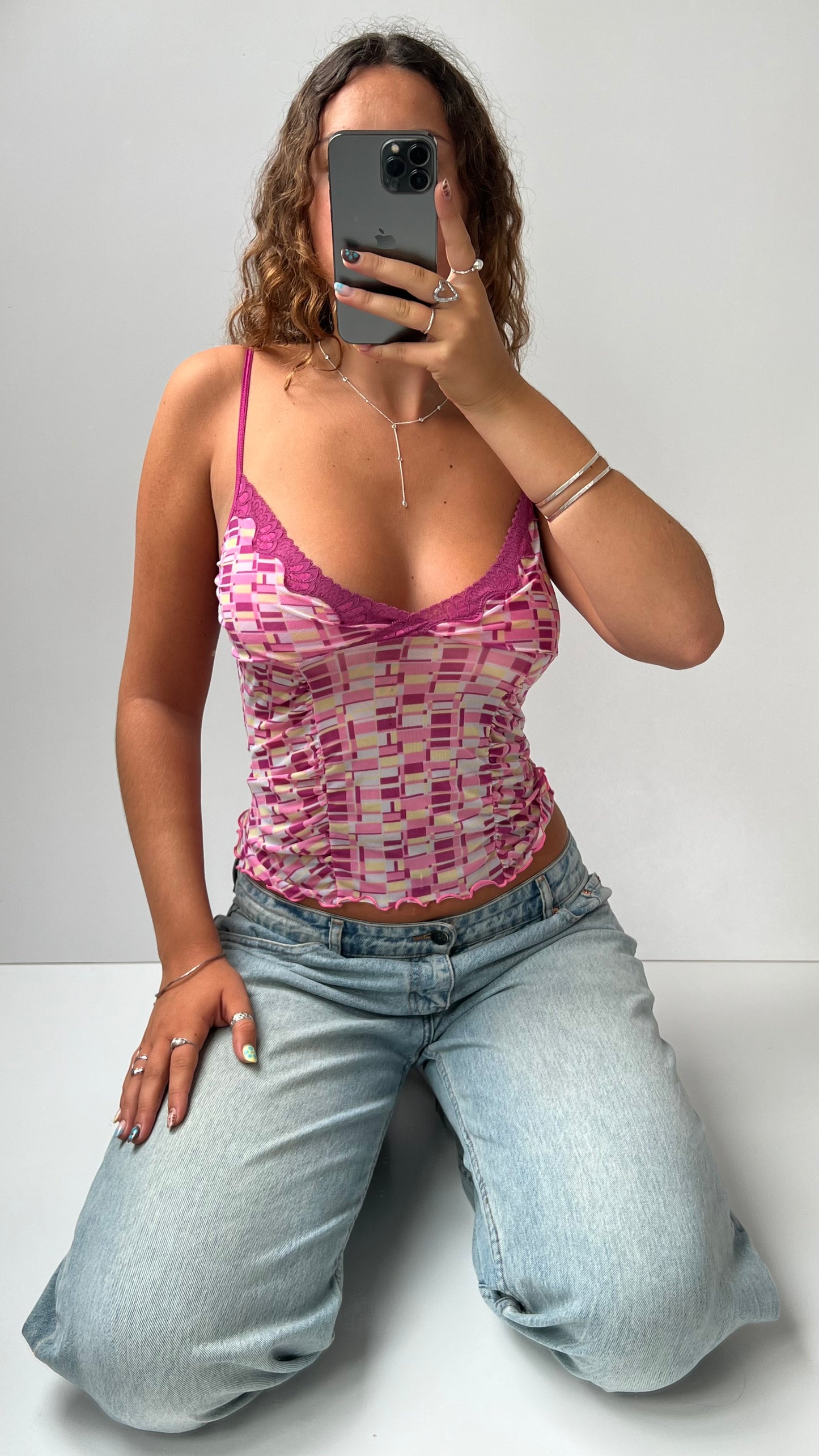 00s pink patterned mesh cami- size M