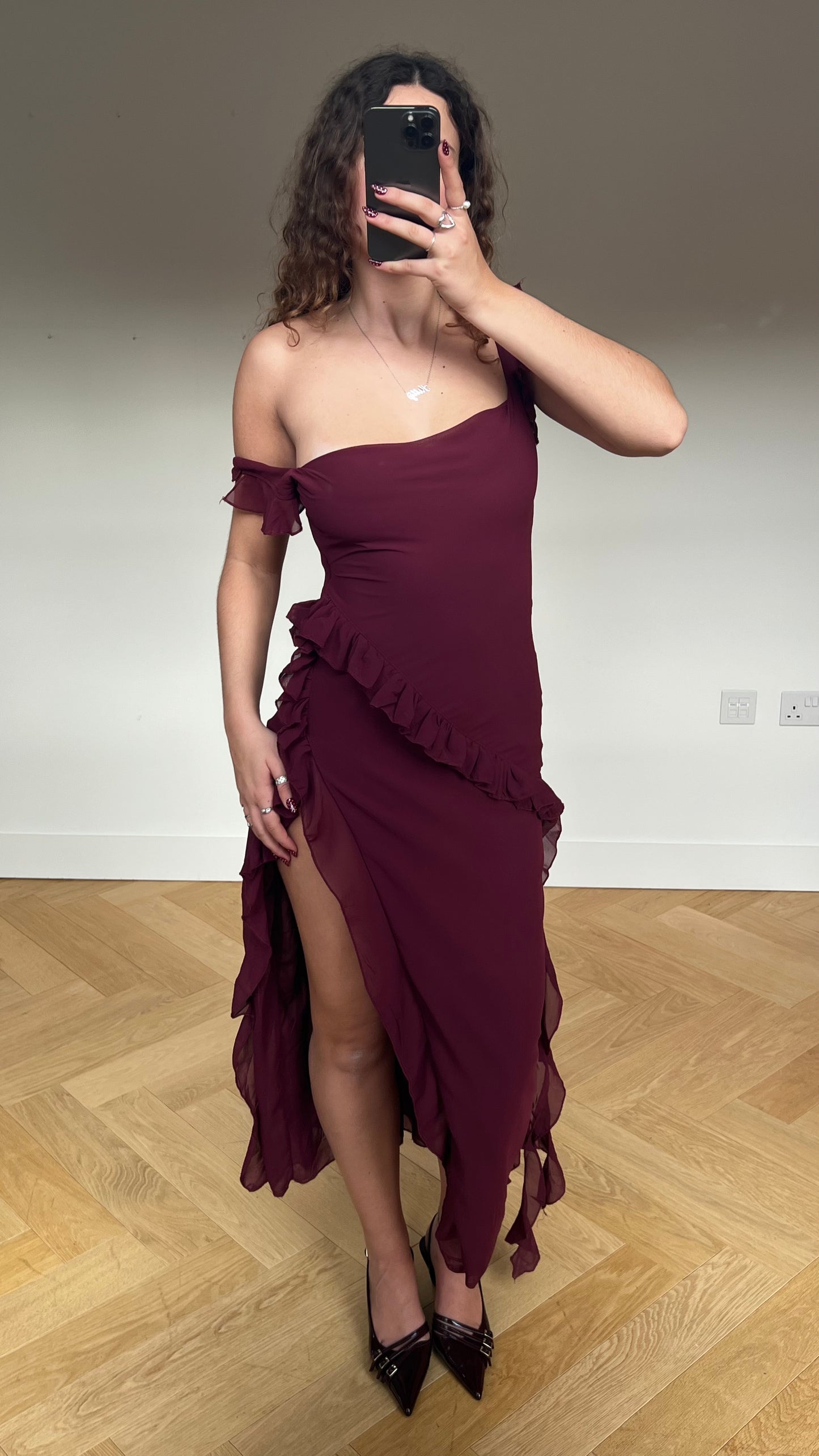 00s burgundy mesh maxi dress- size S