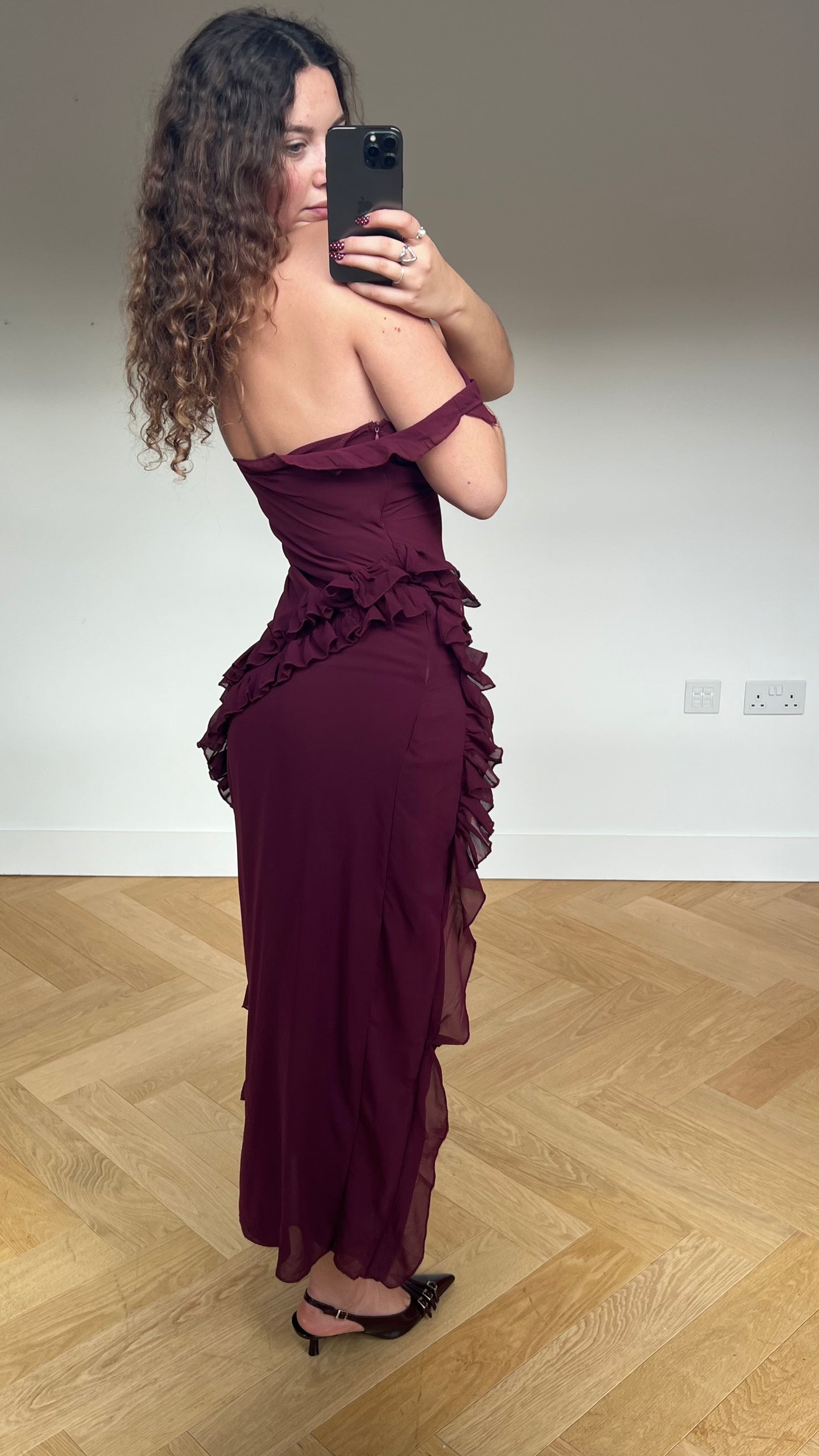 00s burgundy mesh maxi dress- size S