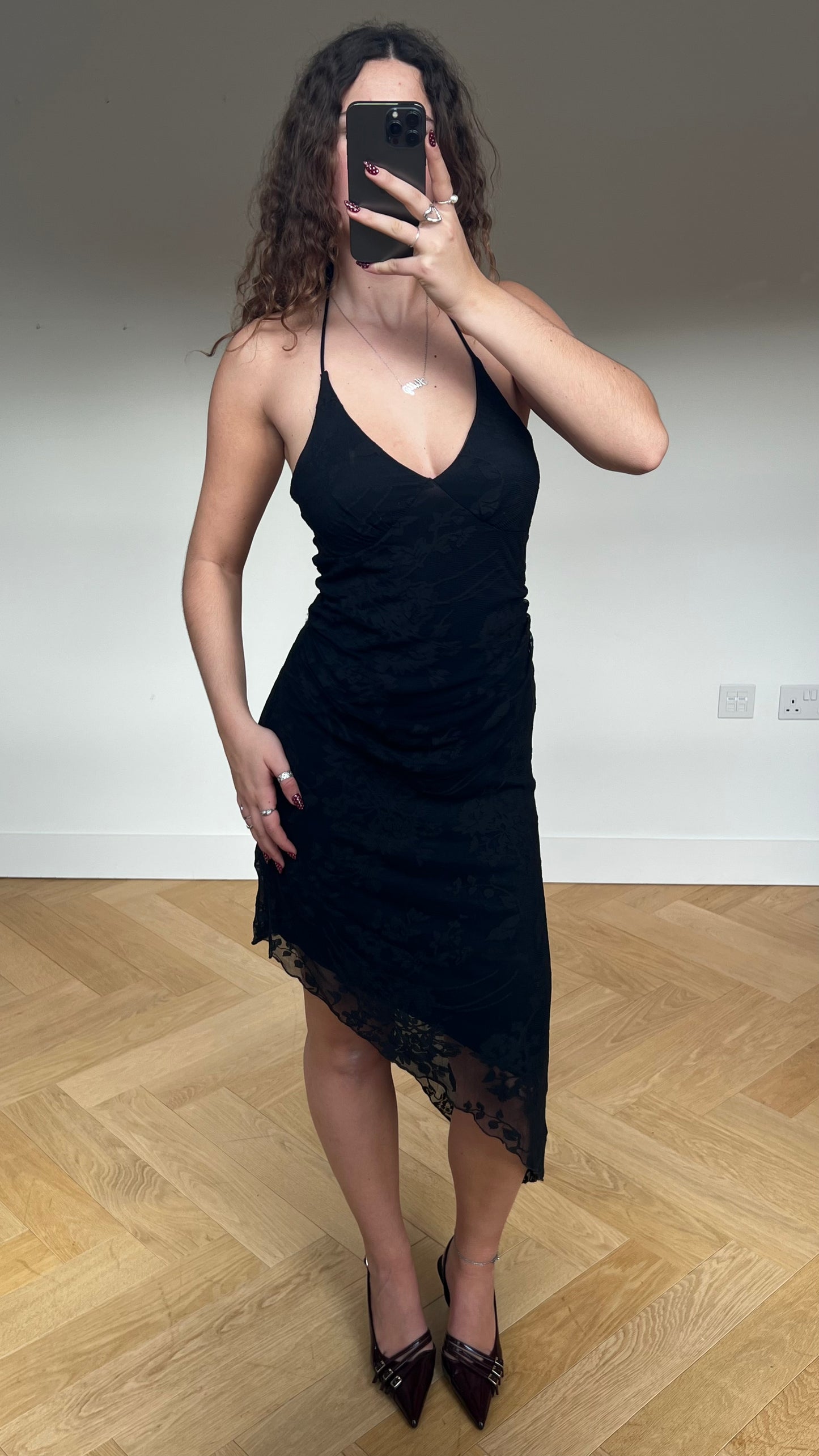 00s black lace halter dress- size M