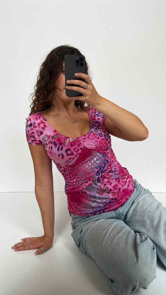 00s pink leopard print baby tee- size S