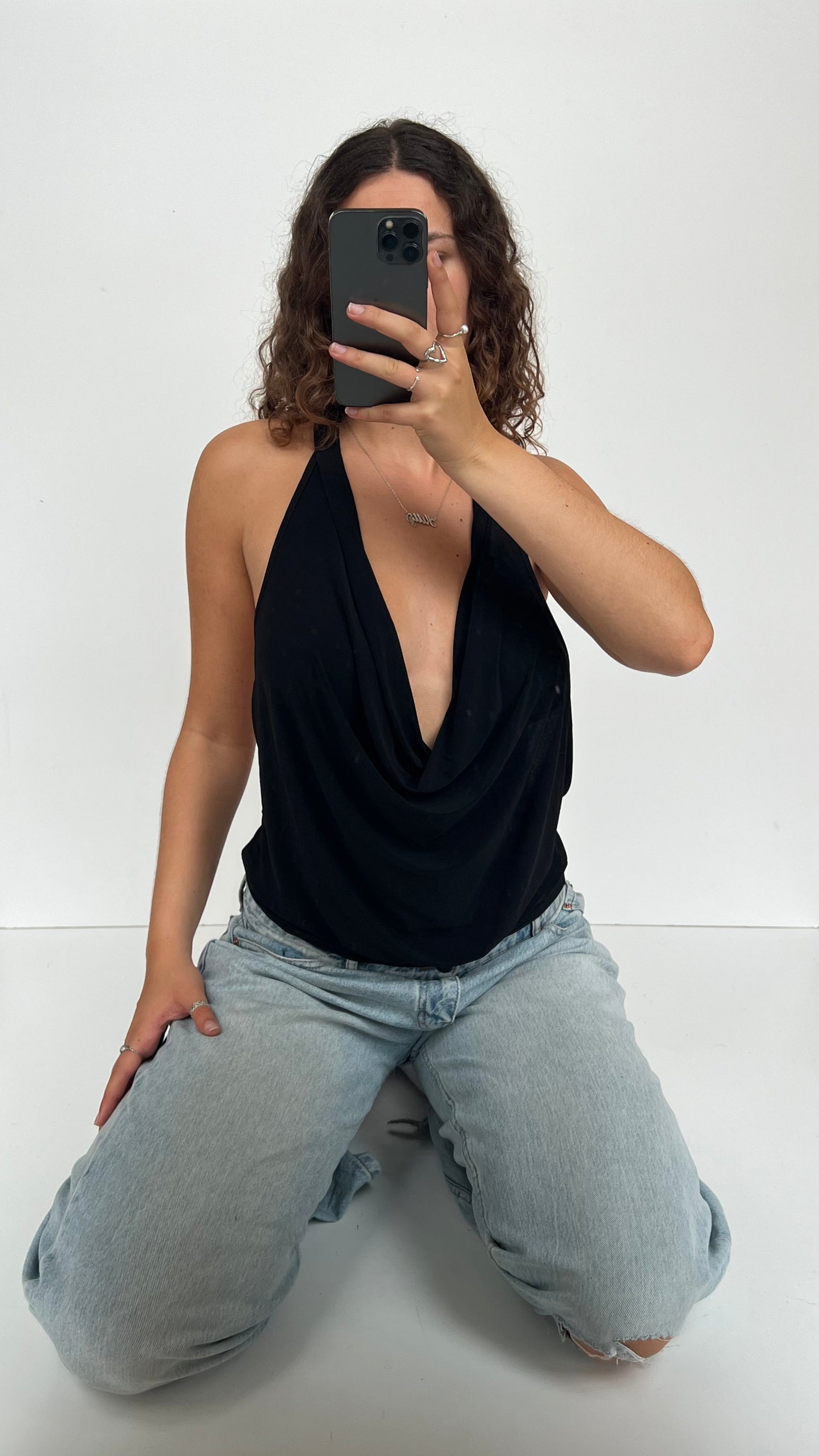 00s black cowl neck backless top- size M