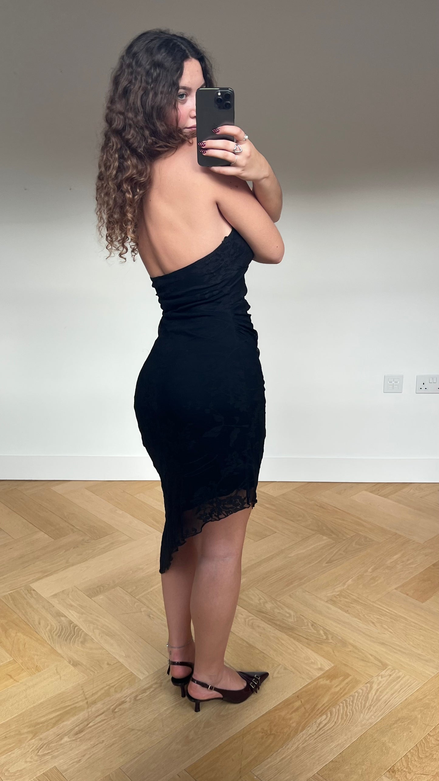 00s black lace halter dress- size M