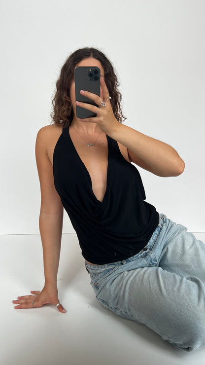 00s black cowl neck backless top- size M