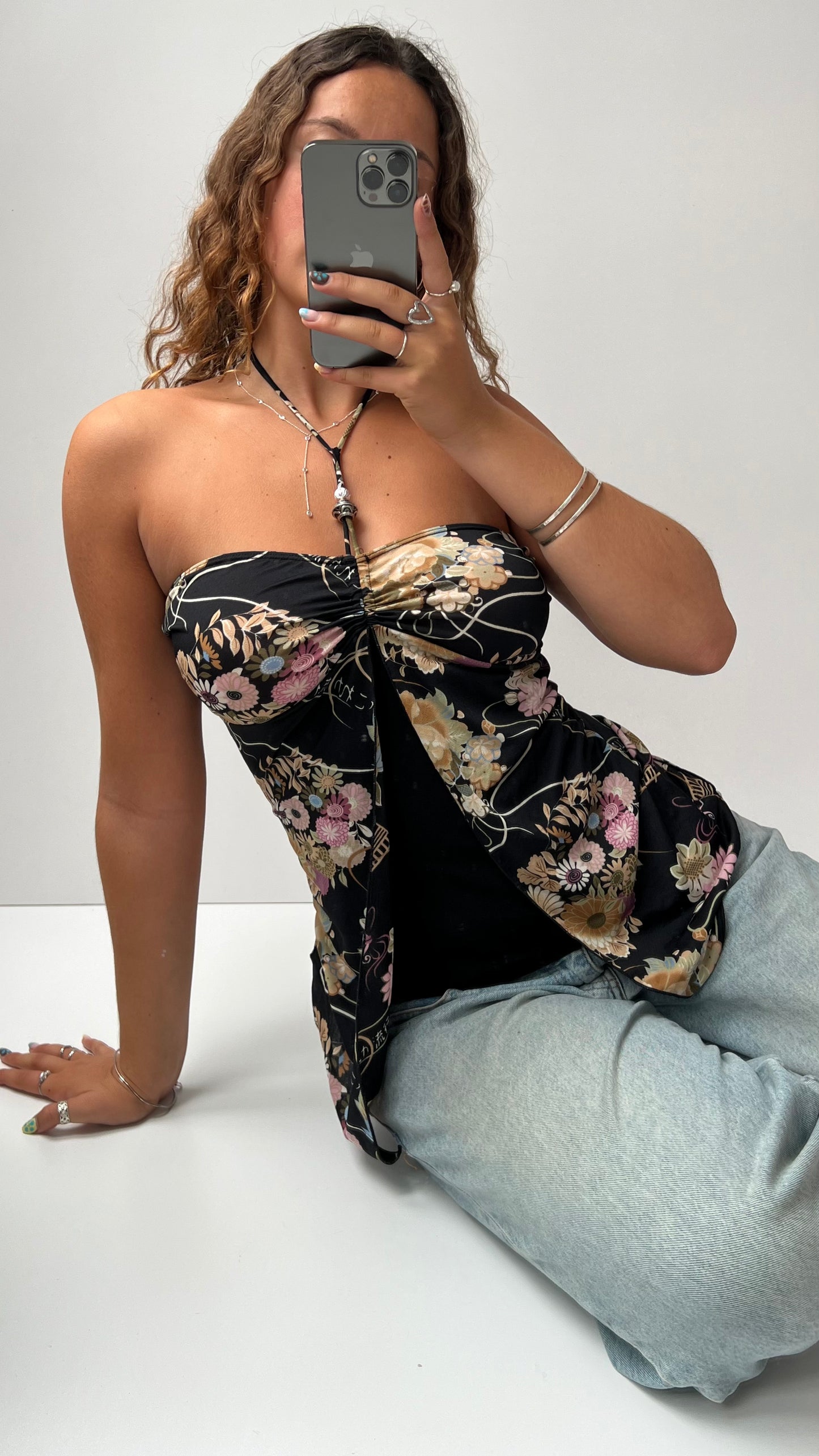00s black floral halter cami- size M