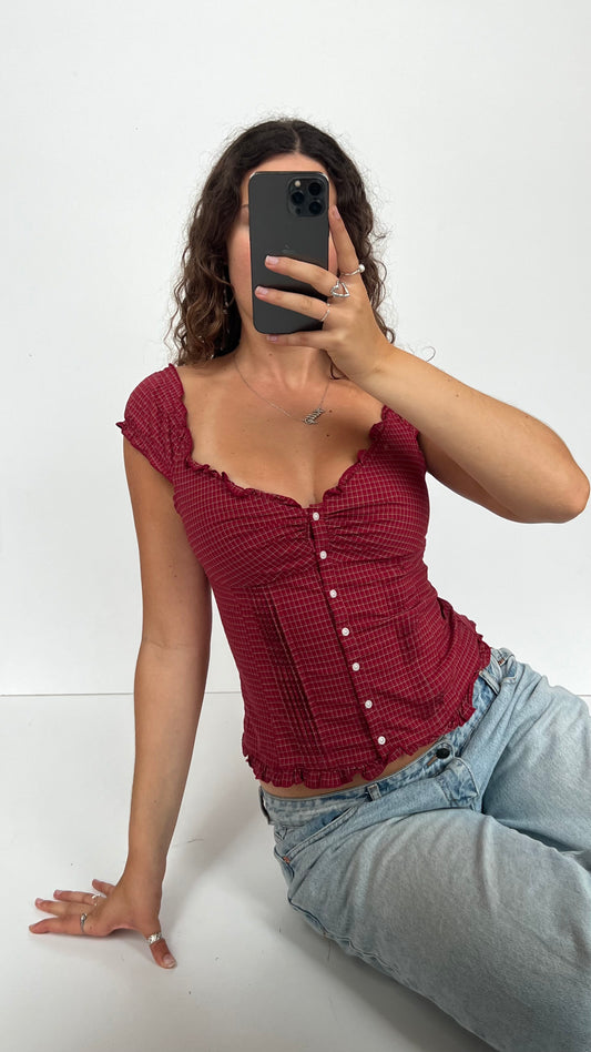 00s red gingham milkmaid top- size S