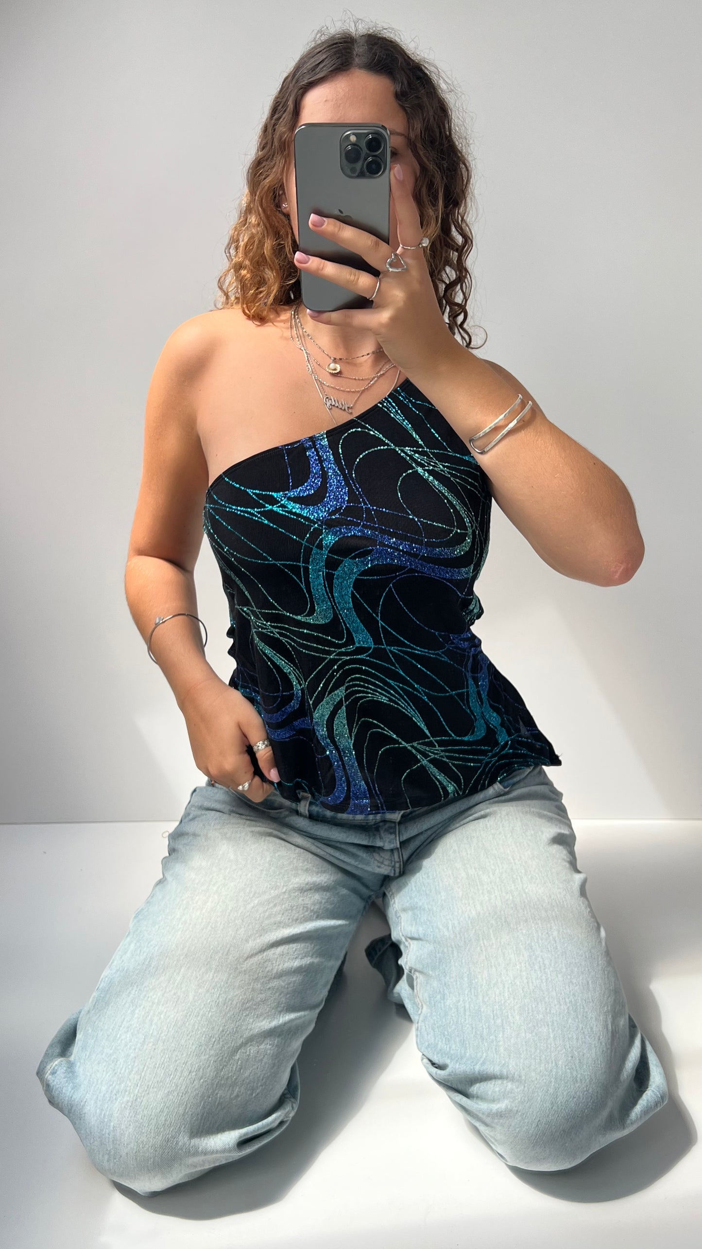 00s black glitter one shoulder top- size L