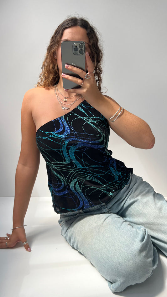 00s black glitter one shoulder top- size L