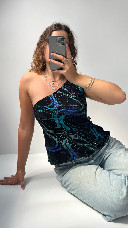 00s black glitter one shoulder top- size L