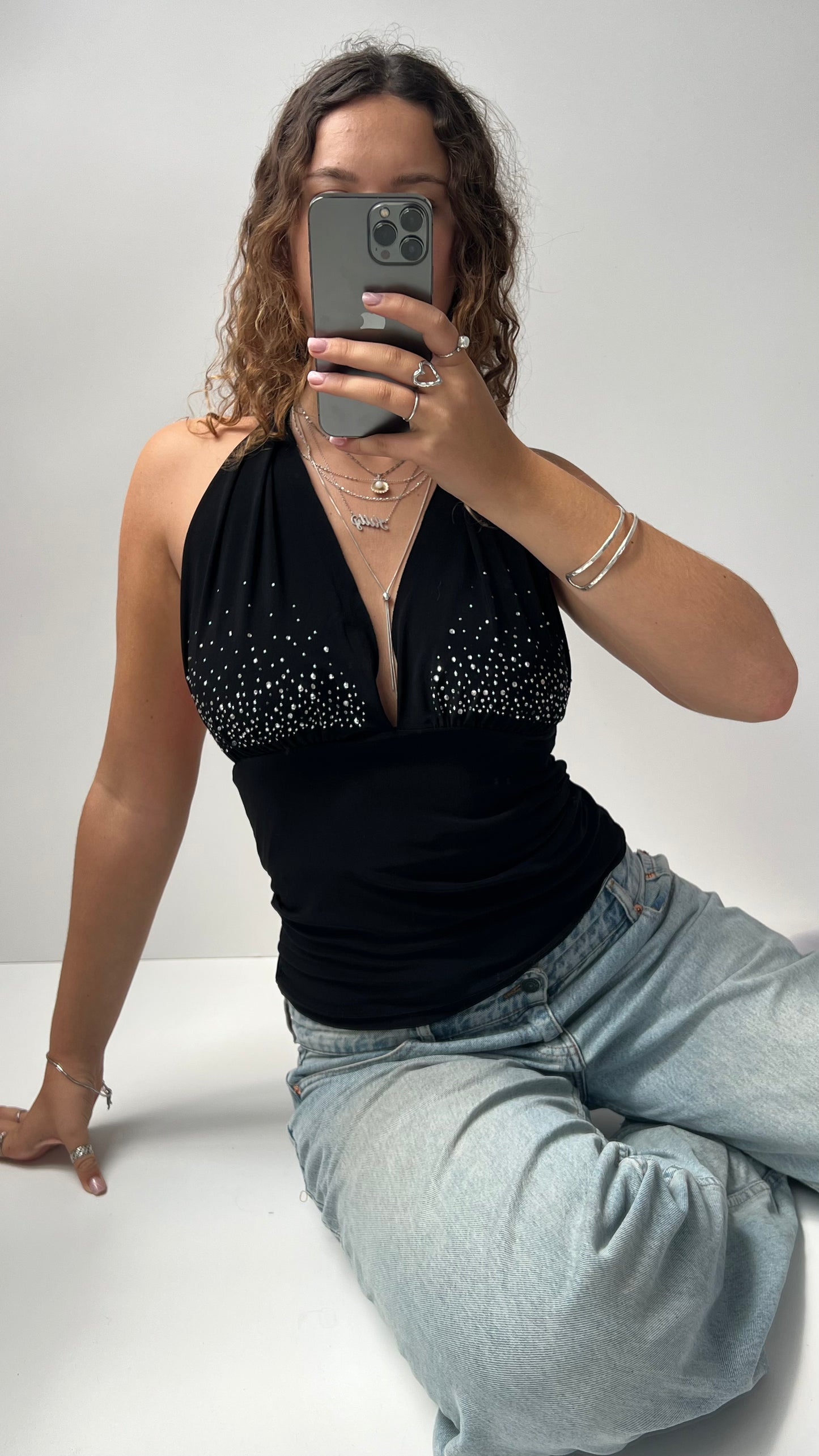 00s black diamanté halter cami- size M