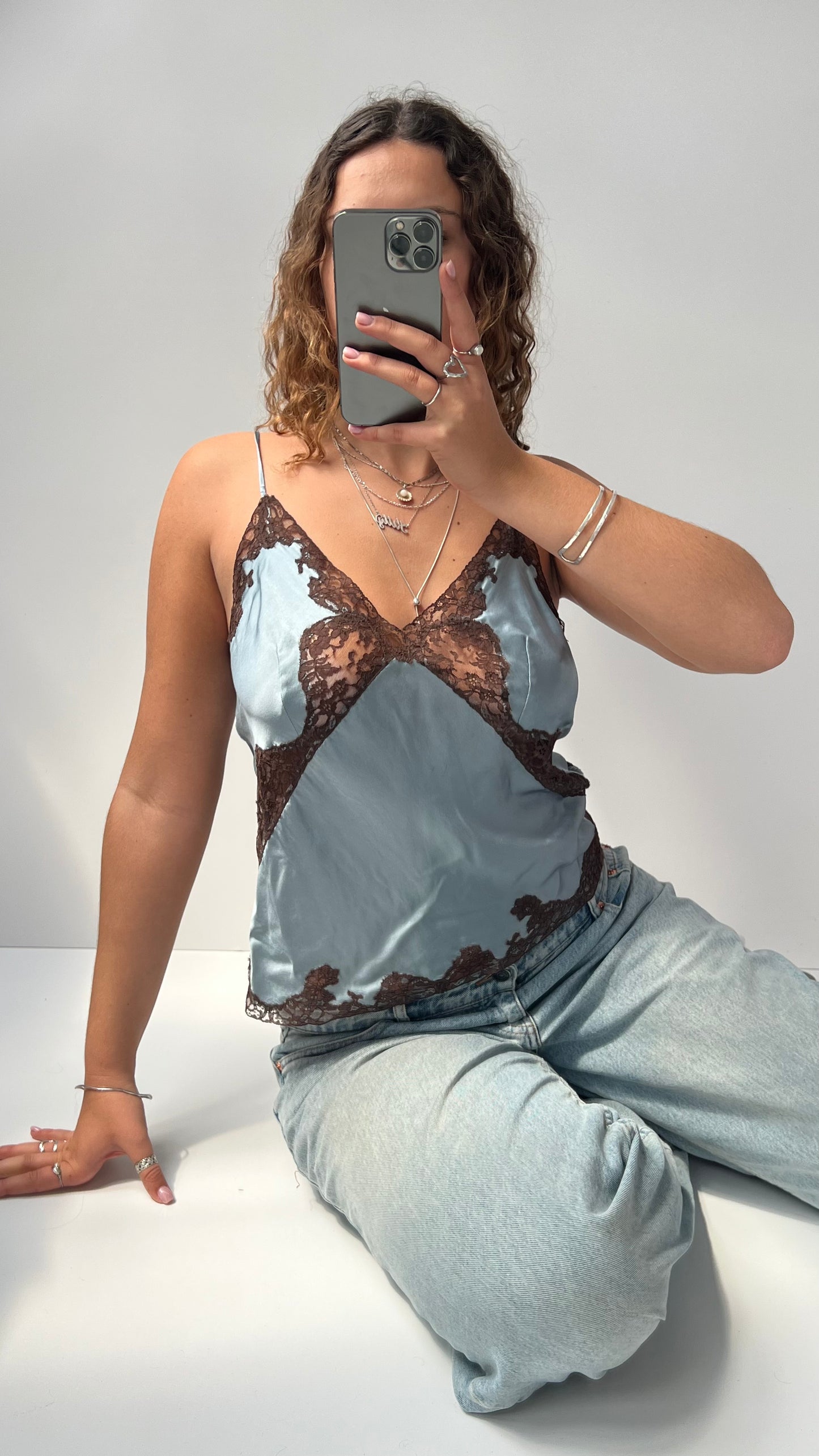 00s blue silk brown lace cami- size L
